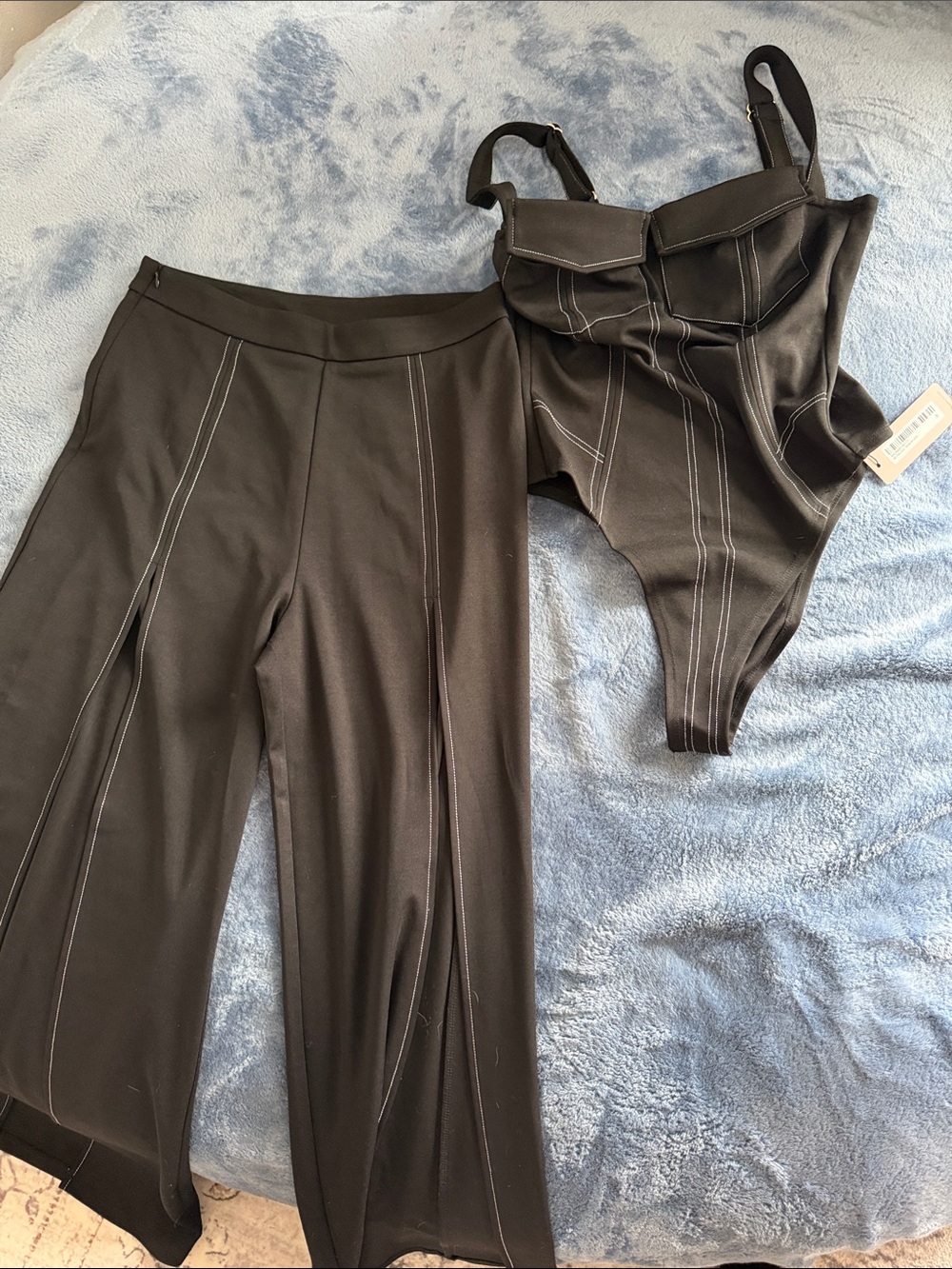 Black Two-Piece Wide-Leg Pants and Bodysuit Set